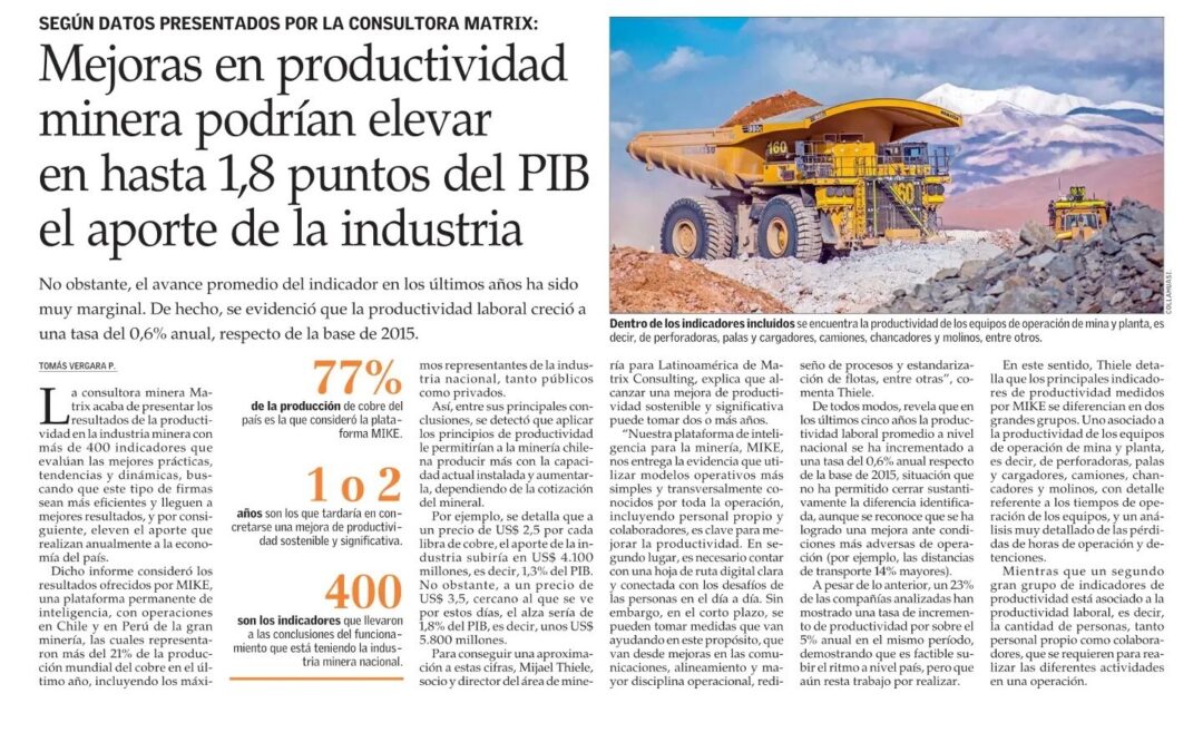 Aplicar mejoras en productividad permitiría elevar en hasta 1,8 puntos del PIB el aporte de la industria minera