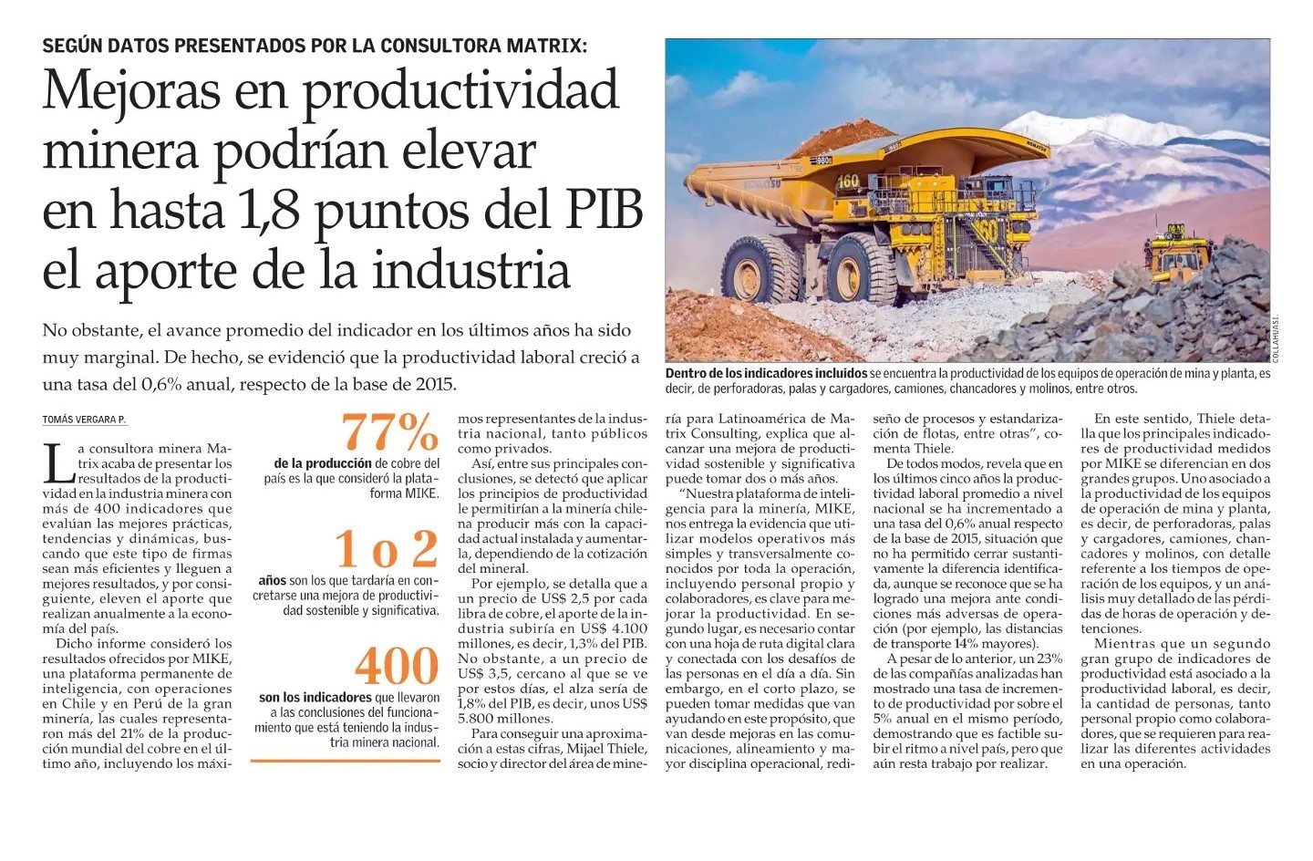 Aplicar mejoras en productividad permitiría elevar en hasta 1,8 puntos del PIB el aporte de la industria minera
